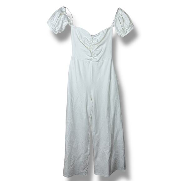 Lulus NWOT Impress Release White Off-The-Shoulder Puff Sleeve Ponte Jumpsuit XS - Picture 3 of 10